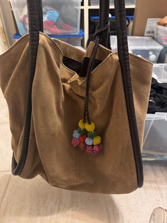 Zara Handbags - Zara Brown Suede Tote with Multicolor Pom Tassels